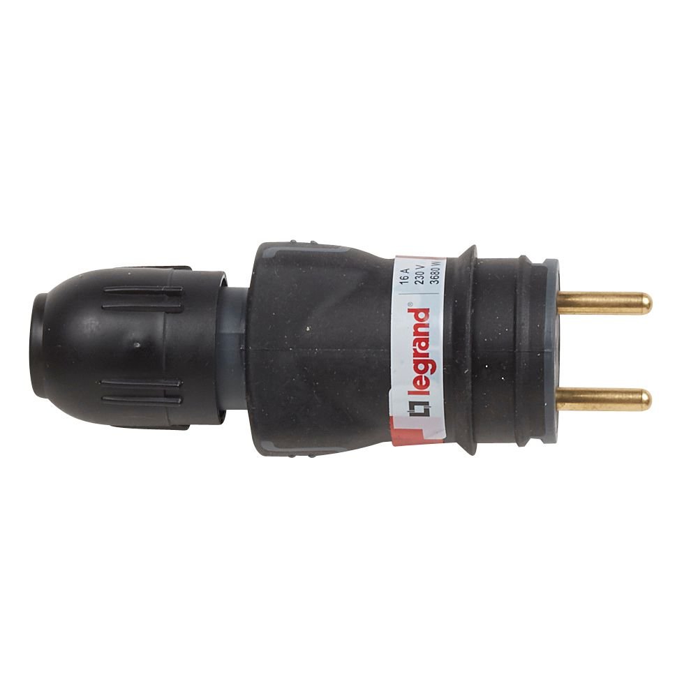 Fiche Male Sortie Droite Auto Avec Etiquette 2p+t 230V 3500W 16A Noir 050110