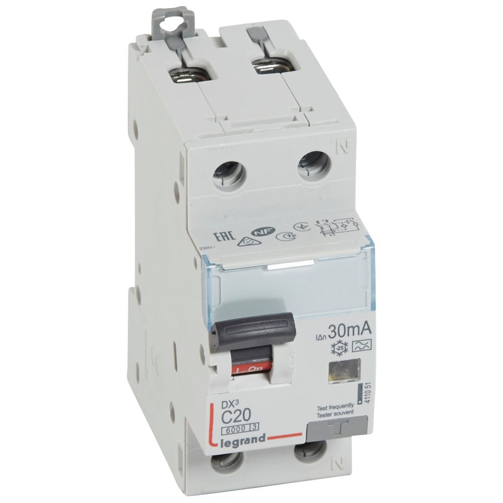 Disjoncteur différentiel Legrand DX³ 1P+N C20 6000A 30mA Type A 411051