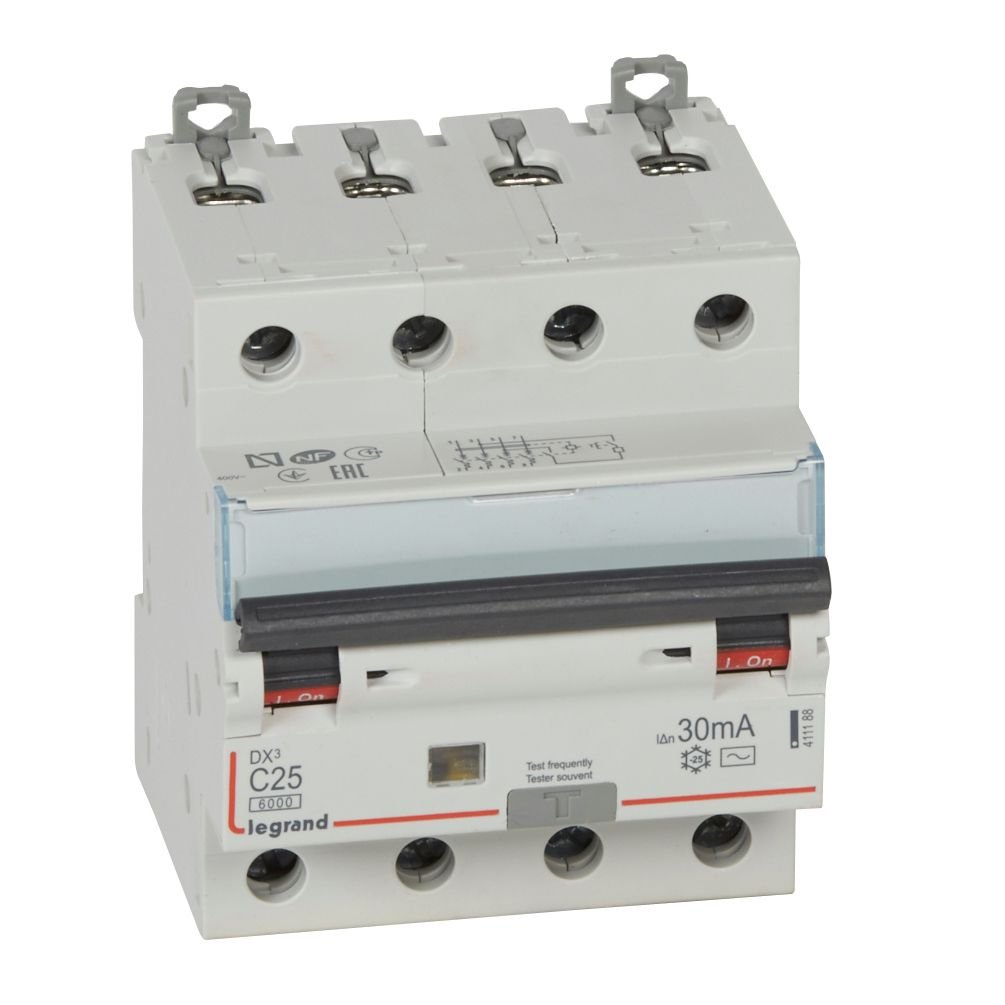 Disjoncteur différentiel Legrand DX3 4P C25 Type AC 30mA 4M 411188